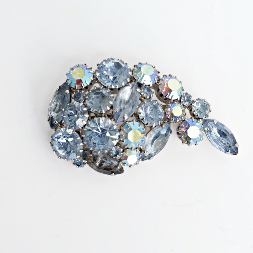 Vintage Blue Rhinestone Brooch Aurora Borealis 1950s Comet Shaped Mid-Century